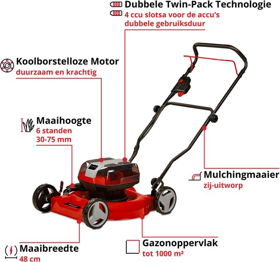 Einhell Accu Grasmaaier GE-CM 36/48 Li M Solo - Power X-Change - 36 V/Li-ion - Maaibreedte: 48 cm - Dubbele Twin-Pack-technologie - Maaihoogte: 25-75 mm - Mulching functie - Excl. accu en lader — afbeelding 2