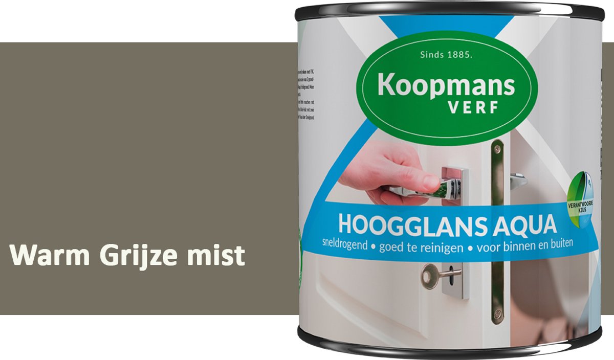 Koopmans Hoogglans Aqua Lak – 750 ml – Warm Grijze mist – Hoogglans Verf – Sneldrogend & Biobased – Voor Binnen en Buiten – Hout & Metaal