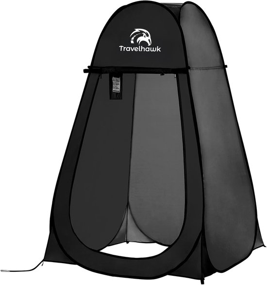 Zwarte pop-up tent met Travelhawk logo, op witte achtergrond.
