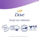 Dove logo, teksten 'Zorgt voor iedereen', '100% recycled bottle', '94% biodegradable formula', 'building girls self-esteem' en PETA logo.