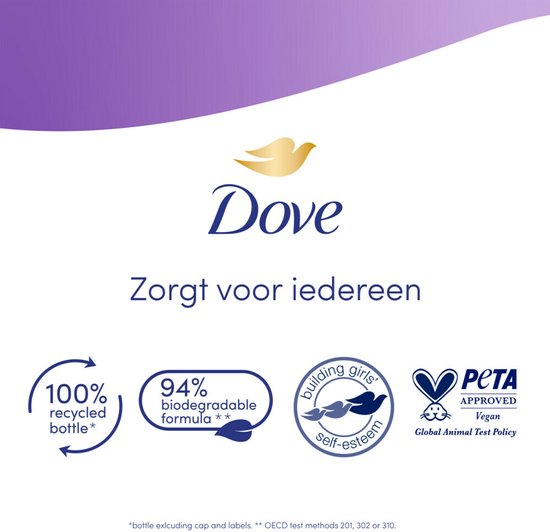 Dove logo, teksten 'Zorgt voor iedereen', '100% recycled bottle', '94% biodegradable formula', 'building girls self-esteem' en PETA logo.