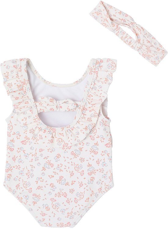 Witte badpak met bloemenprint, volantjes bij de schouders en strik aan de achterkant.