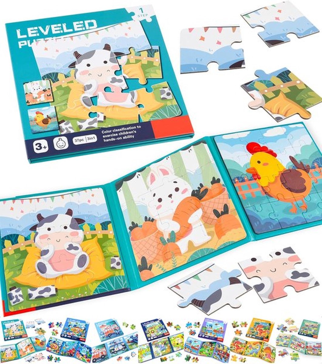 3-in-1 Magnetische Boerderijpuzzel – 9/12/16 Stuks – Educatief speelgoed voor peuters – Reis- en activiteitenspel voor auto en vliegtuig – Halloween, kerst, verjaardagscadeau voor kinderen - Niveau 1