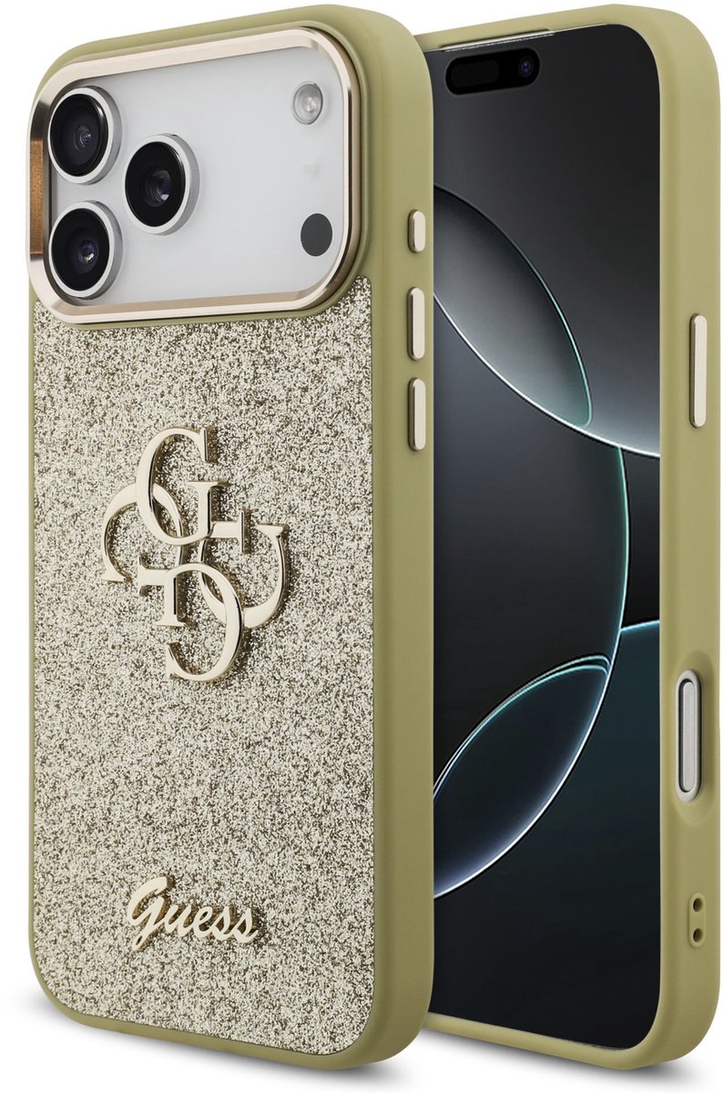 Guess PU Fixed Glitter 4G Metal Frame Backcover - Geschikt voor iPhone 17 Pro Max - Goud