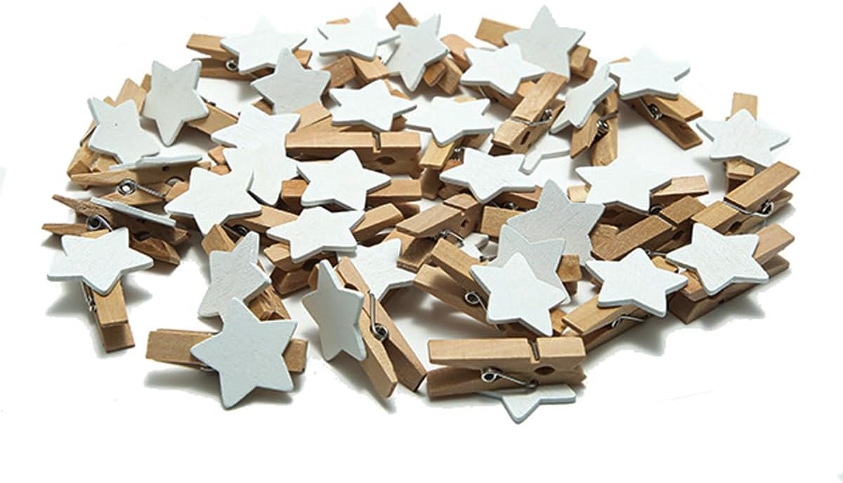 100 mini houten stervormige fotoclips, decoratieve knutselwerkjes, kleine houten wasknijpers, mini fotoclips, geschikt voor knutselprojecten, familiebijeenkomsten, verjaardagen, bruiloften, Valentijnsdagdecoraties, wit