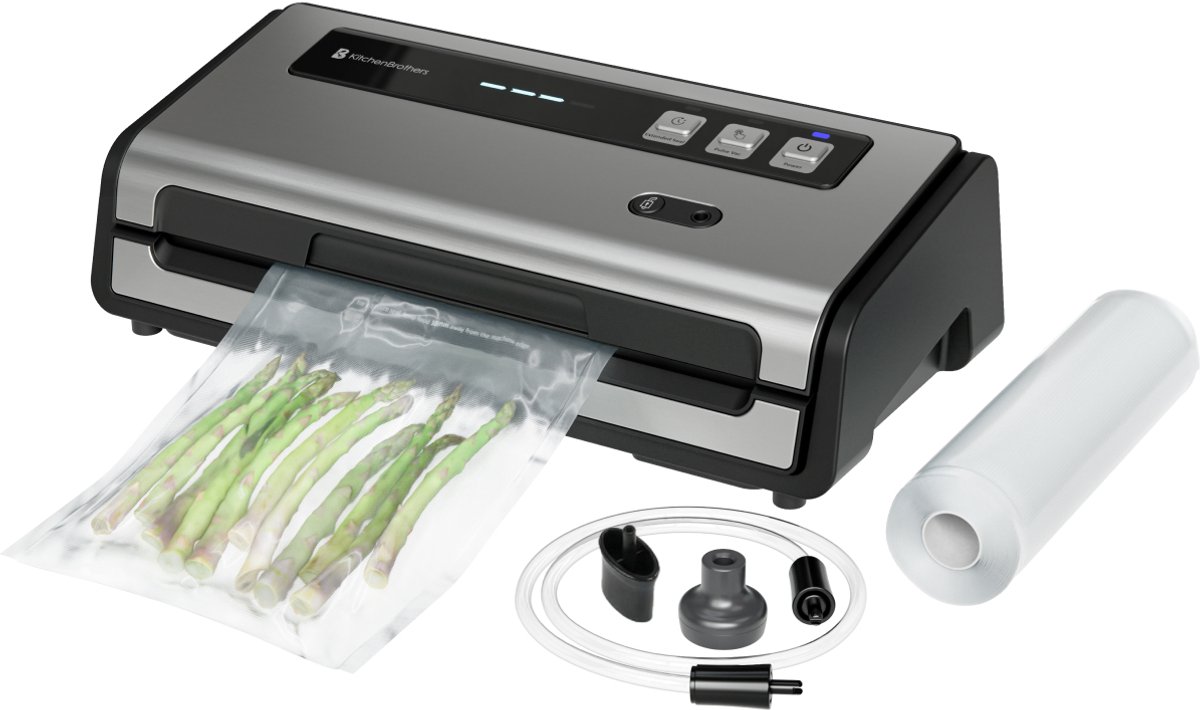 KitchenBrothers Vacumeermachine Set - Volledig Automatisch - Vacuüm Sealer - BPA-vrij - 4 Standen - 18L/min. - Incl. Vacumeerrol en Vacuumslang - Zwart