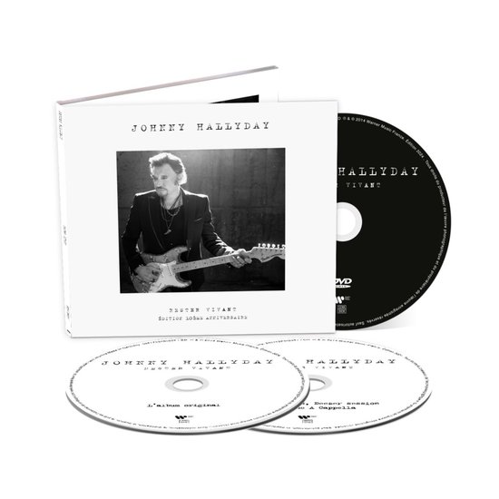 Johnny Hallyday Rester Vivant albumhoes met DVD en twee CD's. Johnny Hallyday speelt op een gitaar.