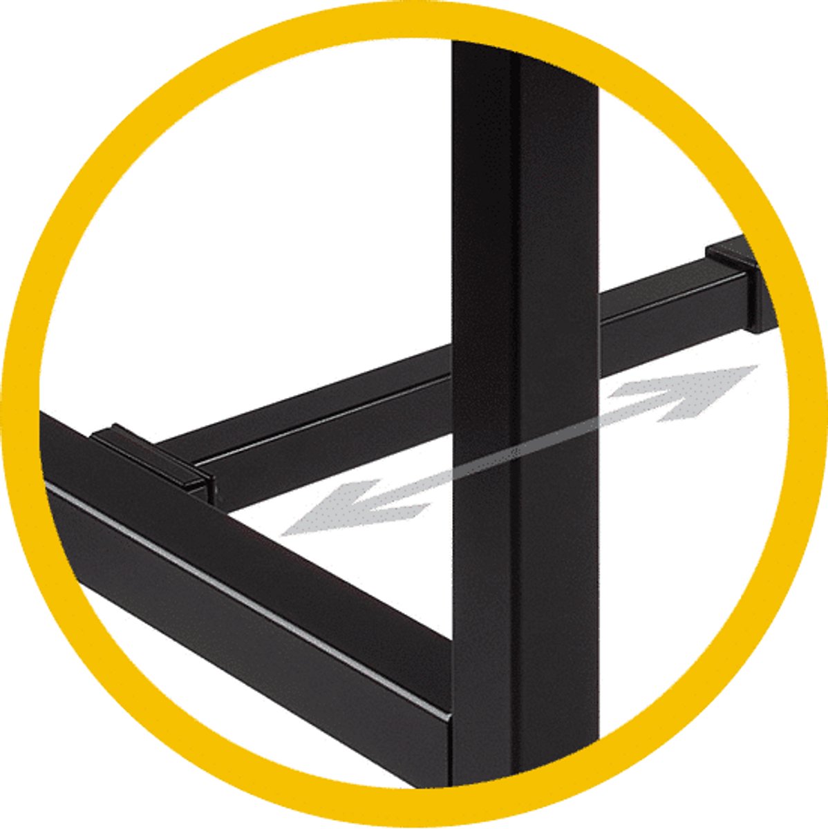 Domino Basic statafel, 180 x 80 cm., vaste hoogte 110 cm., uitgevoerd met versterkt H-onderstel met 50/50 mm. vierkante buispoten met steldoppen, onderstel staal aluminium RAL 9006, blad 25 mm. melamine licht grijs