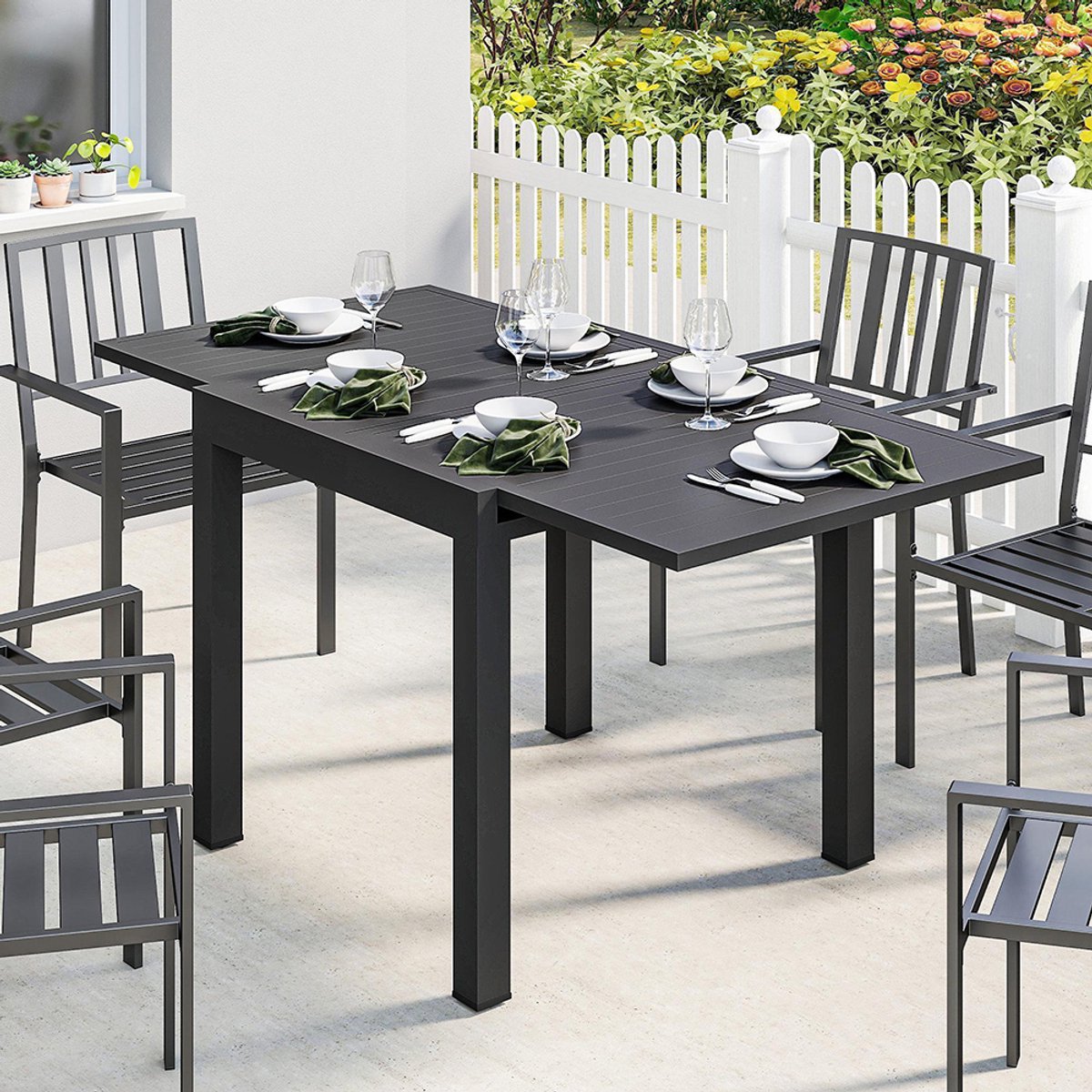 Pugsdrly Tuintafel uitschuifbare 80/160 x 80 cm aluminium eettafel voor 4-6 personen, rechthoekig met lamellenblad