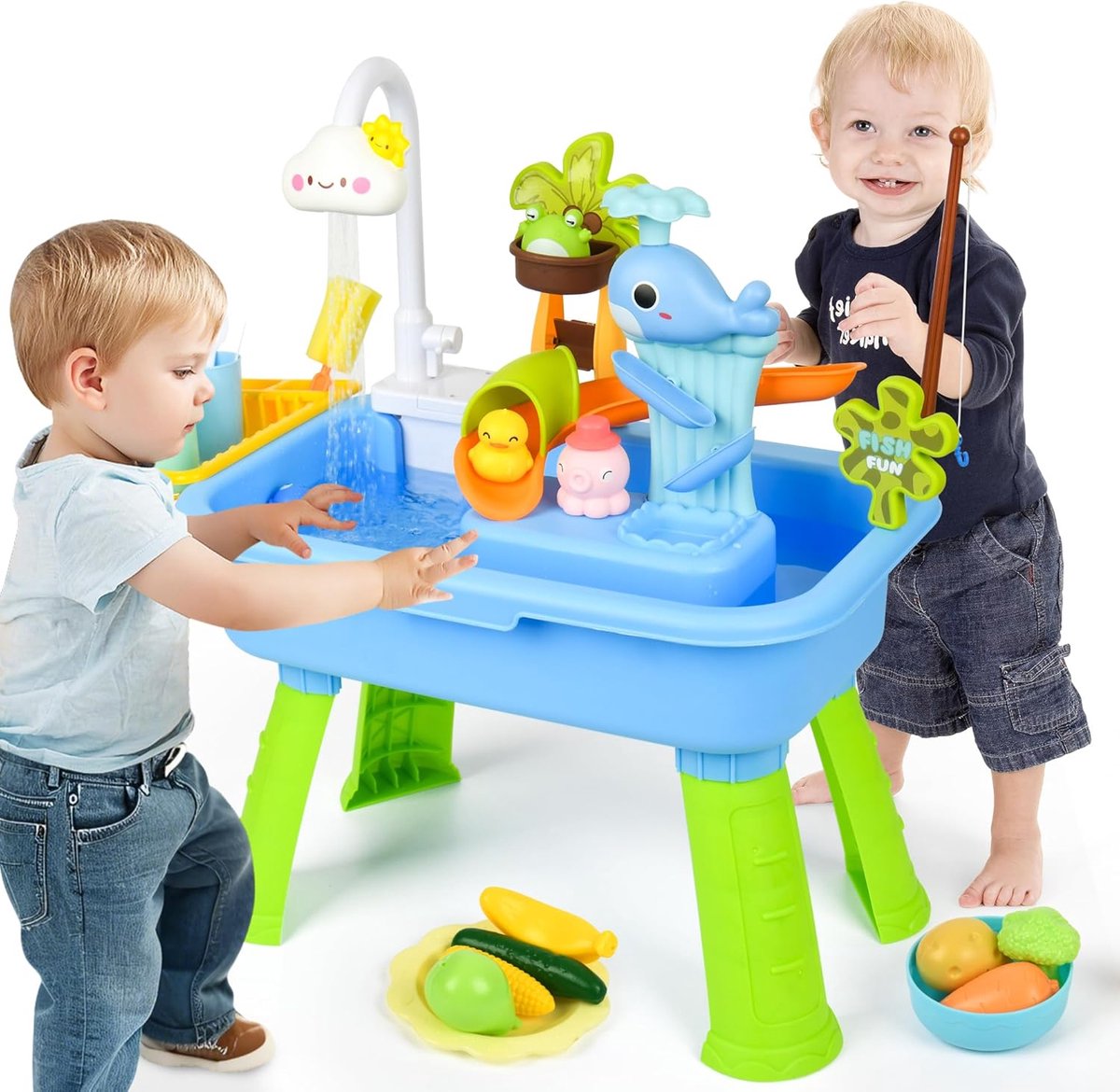Blauw Watertafel Voor Peuters Van 1-3 Jaar, Watertafel Met Pomp, Speelgoedkeukenset Voor Kinderen Van 4-8 Jaar, Speelgootsteen Met Stromend Water En Elektrische Kraan, Inclusief Speelgroenten, Servies En Visspel