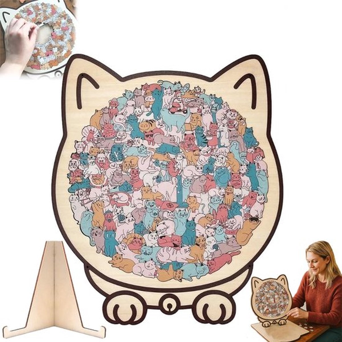 Houten kattenpuzzel - 135 stukjes, houten puzzel voor volwassenen in de vorm van een kat, creatieve kattenpuzzel, cadeau voor kattenliefhebbers, woondecoratie