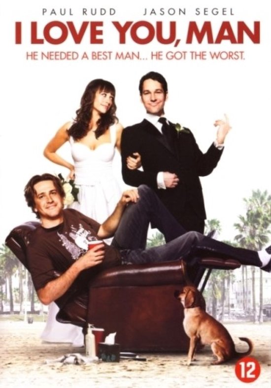 Poster: Paul Rudd en Jason Segel in "I Love You, Man". Vrouw in trouwjurk, hond, leeftijd 12.