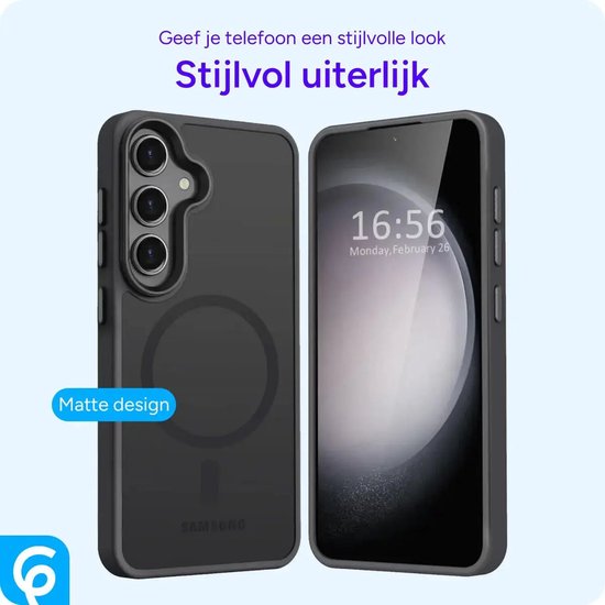 Zwarte matte telefoonhoes met magnetische ring voor draadloos opladen.