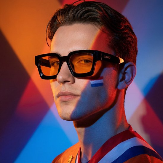 Luccio - Koningsdag bril - Oranje bril - Koningsdag accessoires - Luxueuze Trendy Vierkante Zonnebril - Zwart - Unisex - UV400 - Oranje Glazen - Koningsdag - Kingsday van Merkloos — afbeelding 5