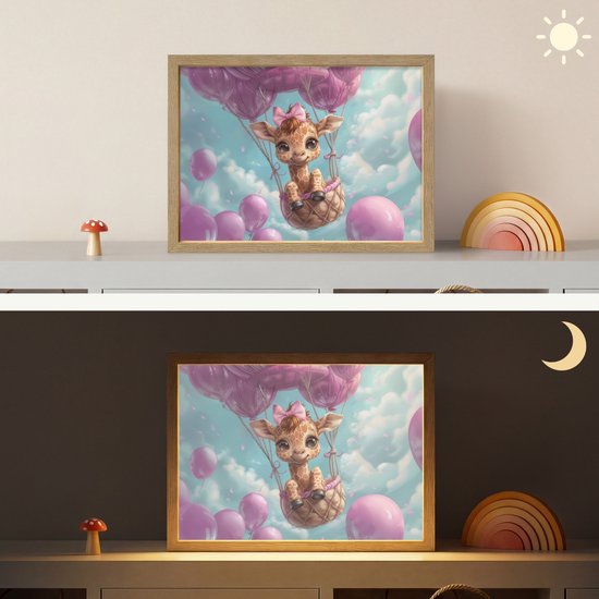 Nachtlampje 40x30 cm - Kinder lamp - Luchtballon - Giraf - Ballon - Wolken - Paars - Tafellamp kinderkamer draadloos - Slaapkamer lampje - Bedlamp kinderen - Kinderlampje - Wandlamp babykamer - Nachtlampjes van Merkloos — afbeelding 4