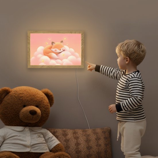 Nachtlampje 30x20 cm - Kinder lampje - Wolken - Vos - Oranje - Sterren - Tafellamp kinderkamer - Slaapkamer lamp - Bedlamp kinderen - Kinderlampje stopcontact - Wandlamp babykamer - Nachtlampjes van OnlyWow — afbeelding 5