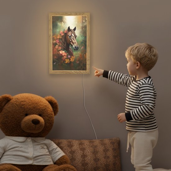 Nachtlampje 20x30 cm - Kinder lampje - Paard - Bloemen - Natuur - Dieren - Bos - Oranje - Tafellamp kinderkamer - Slaapkamer lamp - Bedlamp kinderen - Kinderlampje stopcontact - Wandlamp babykamer - Nachtlampjes van OnlyWow — afbeelding 5