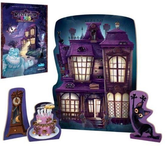 Mysterium Kids onderdelen: spookhuis, klok, taart en kat in cartoonstijl.