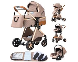 LUMÈ STORE 3-in-1 Luxe Kinderwagen – Opvouwbaar – Buggy - Maxi Cosi – Autostoel & Wieg – Aluminium Frame – Pasgeboren Baby – Khaki