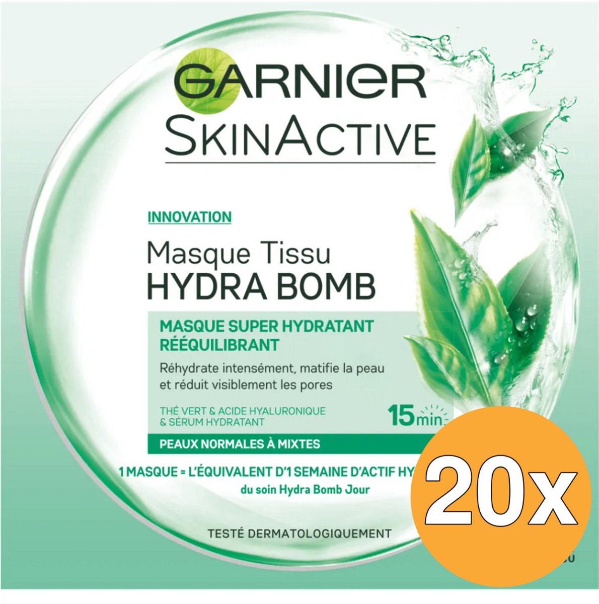 20x Garnier Skin Active Hydra Bomb Masker Tissues Gemengde Huid (1 stuk)