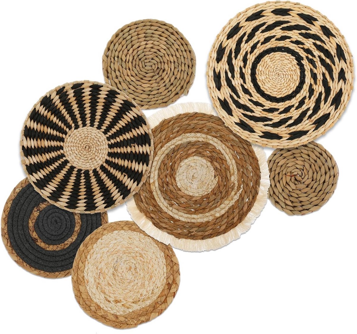 Set van 7 Geweven Wanddecoratie Manden Boho Stijl - Natuurlijk Zeegras en Rotan