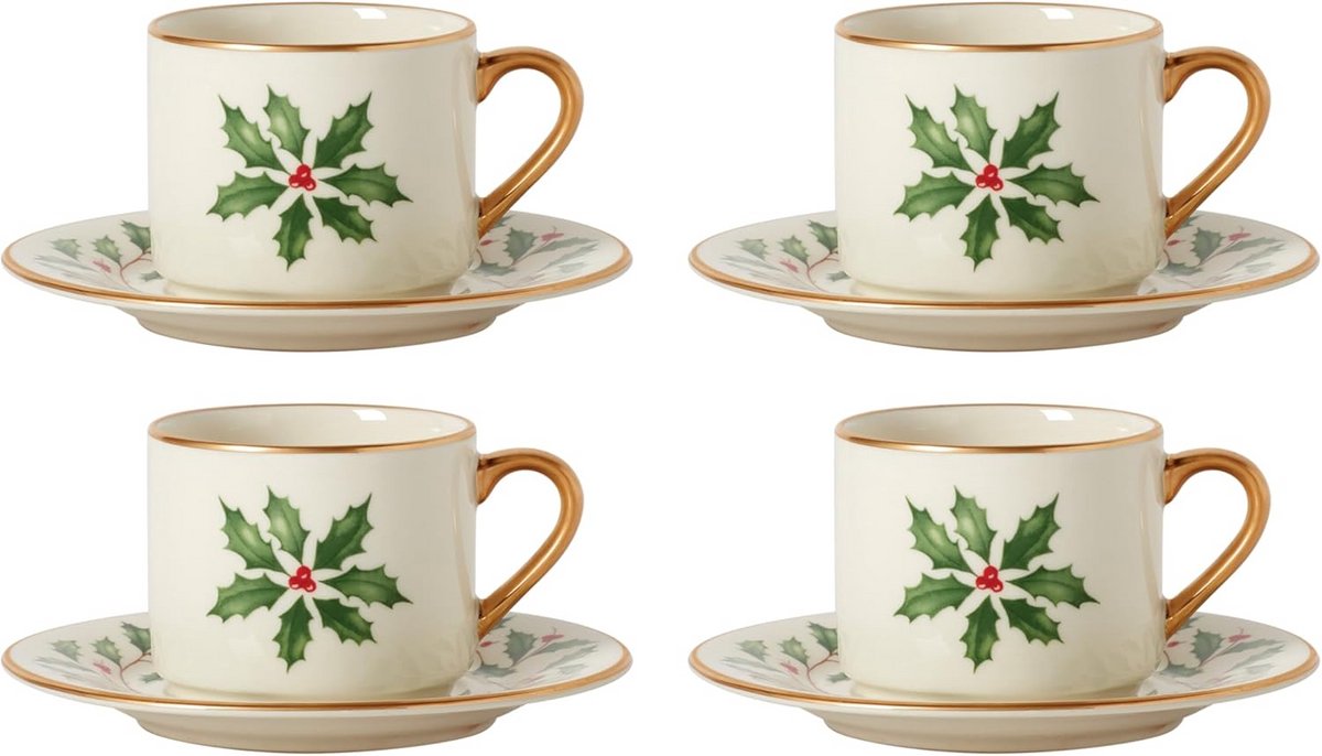 Espressokop en Schotel Set van 4 - Porselein met Kerstmotief - Wit