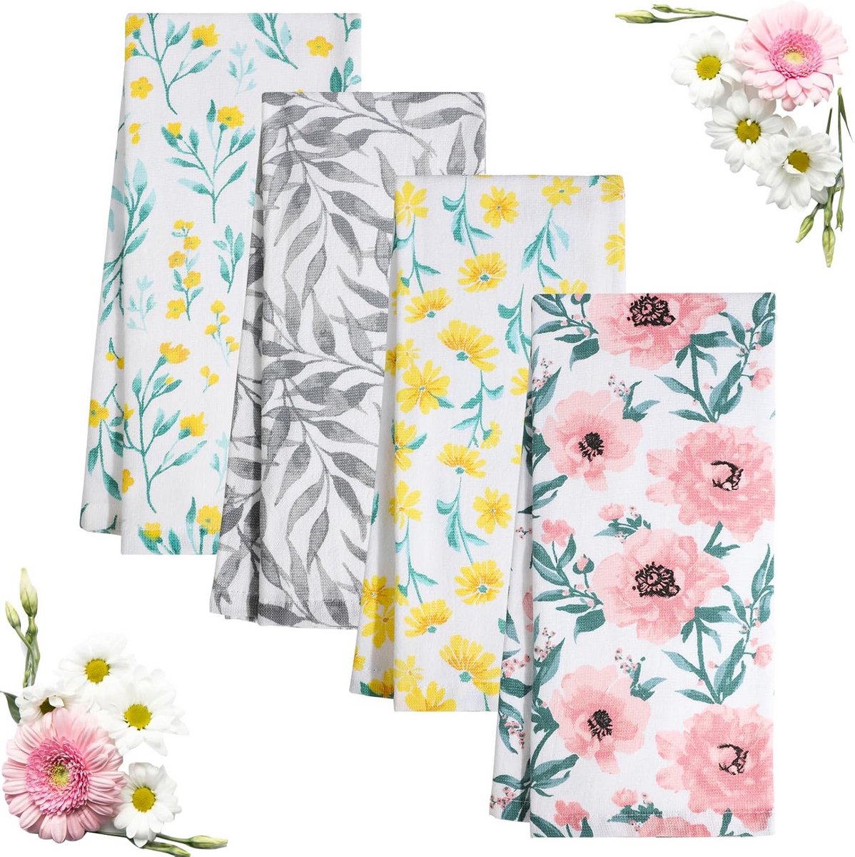 Zachte theedoeken bloemen 40 x 70 cm - 4 stuks 100% katoen zeer absorberend