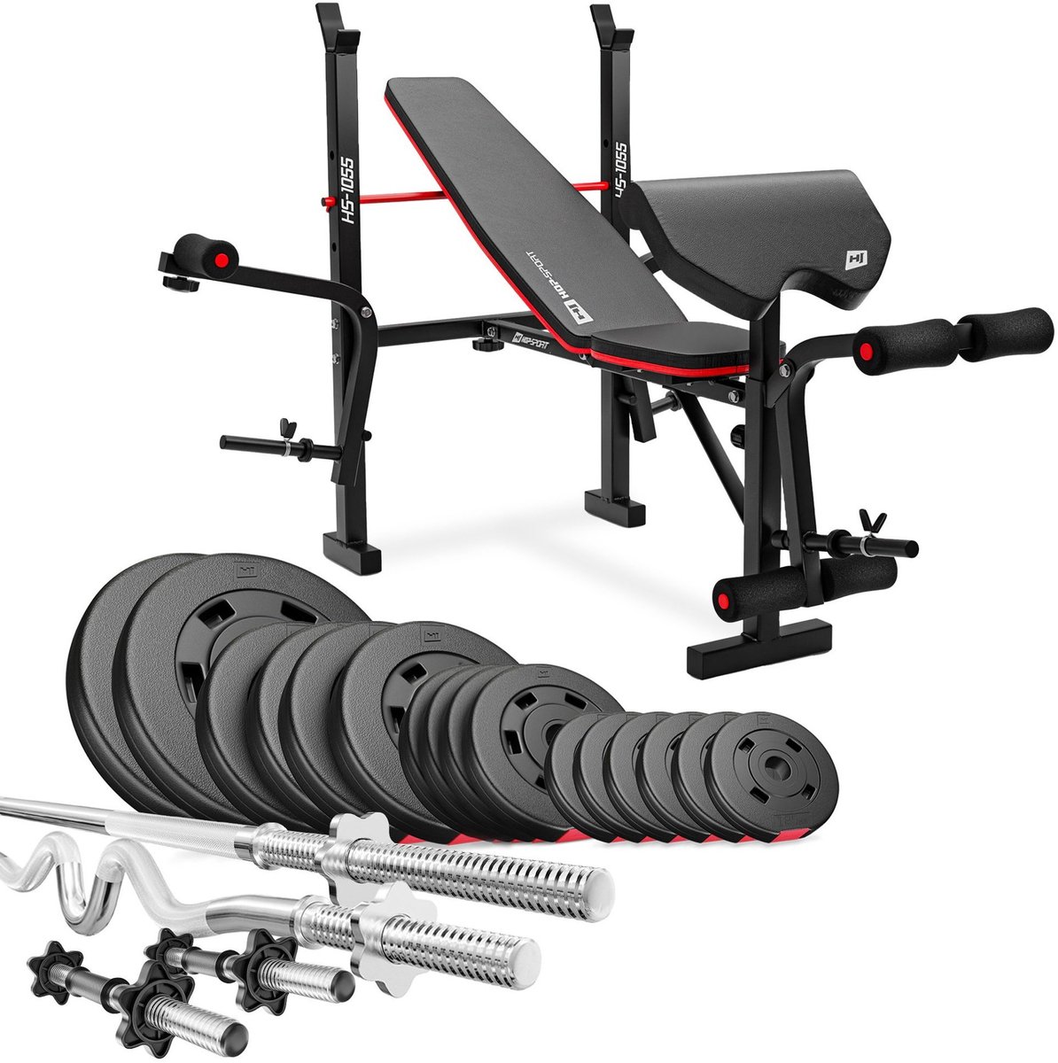 Hop Sport HS 1055 - Halterbank Set - Inklapbaar - 76 kg Halterset - Lange Stang 167 cm & SZ Stang 120 cm
