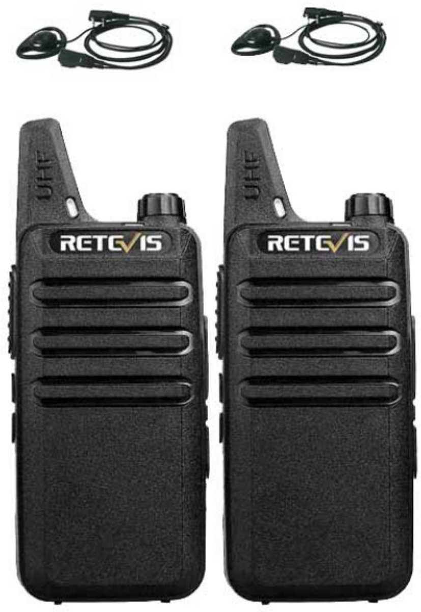 Set van 2 Retevis RT622 vergunning vrije UHF mini portofoons met D-shape oortje