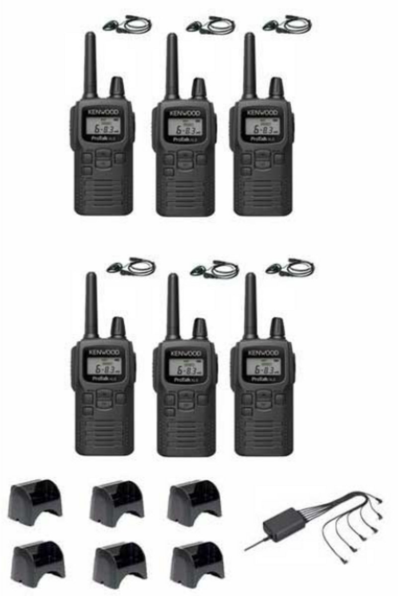 Set van 6 Kenwood PKT-300 ProTalk XLS IP52 PMR446 mini portofoons met D-shape oortje en multilader