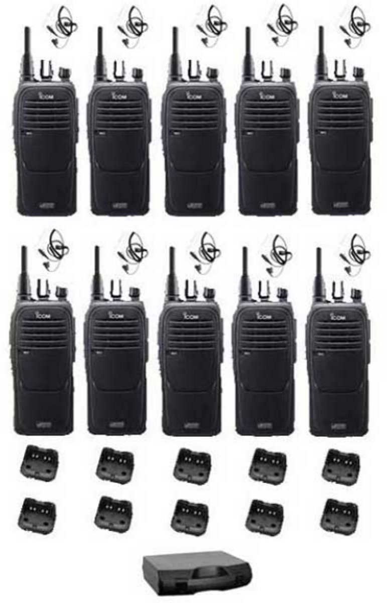 Set van 10 Icom IC-F29DR3 portofoons met beveiliging headsets en koffer