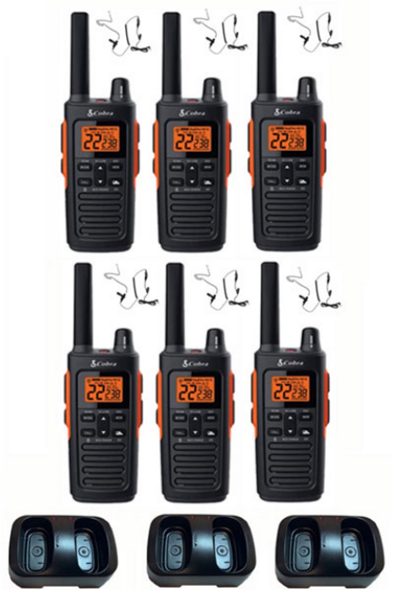 Set van 6 Cobra RX680 PMR446 portofoons IP54 met tafellader en beveiliging oortje