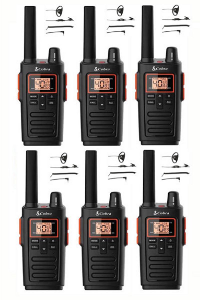 Set van 6 Cobra RX380 PMR446 portofoons IPX2 met D-shape oortje