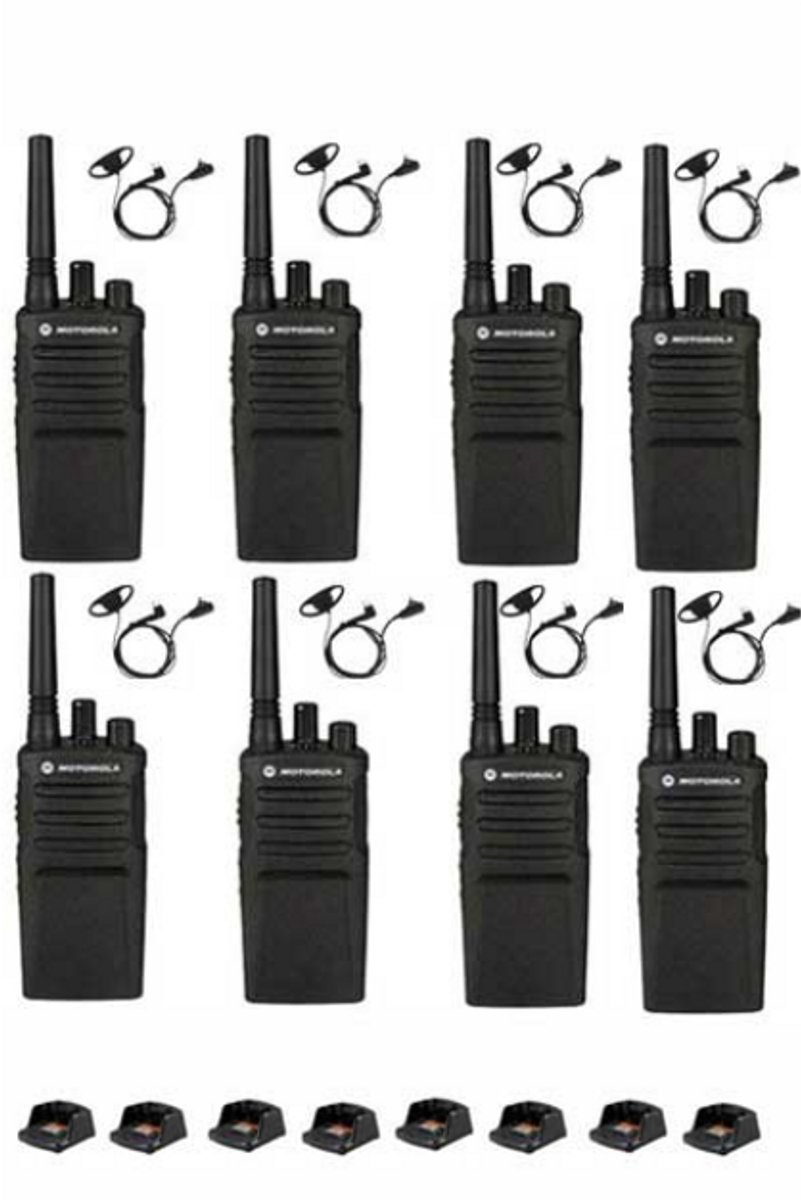 Set van 8 Motorola XT420 UHF IP55 PMR446 Portofoon met laders en D-shape oortje