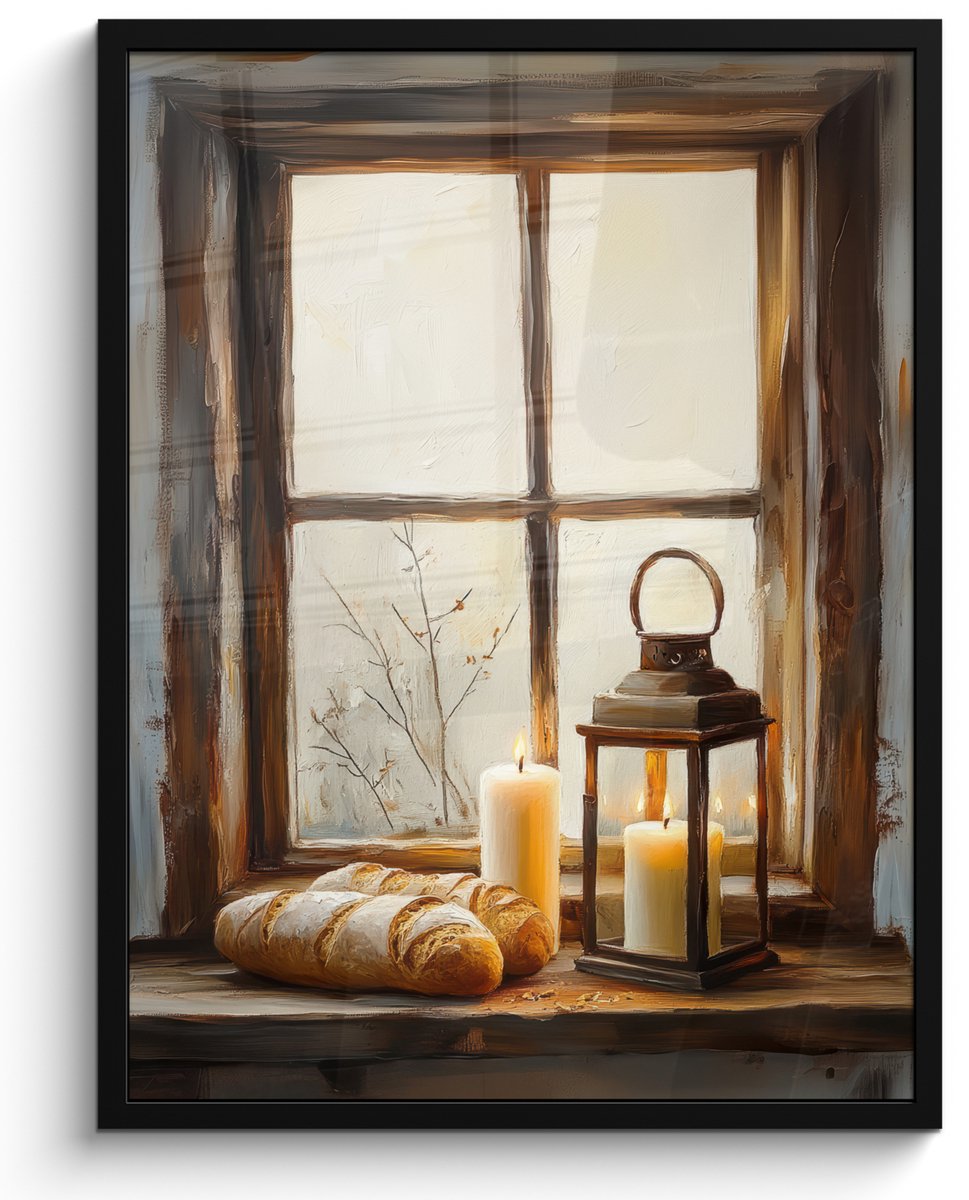 FrameYourWall Poster in lijst - Fotolijst 50x70 cm - Posters - Stilleven - Rustiek - Kaarsen - Broden - Raam - Posterlijst zwart - Decoratie - Wanddecoratie woonkamer - Muurdecoratie slaapkamer