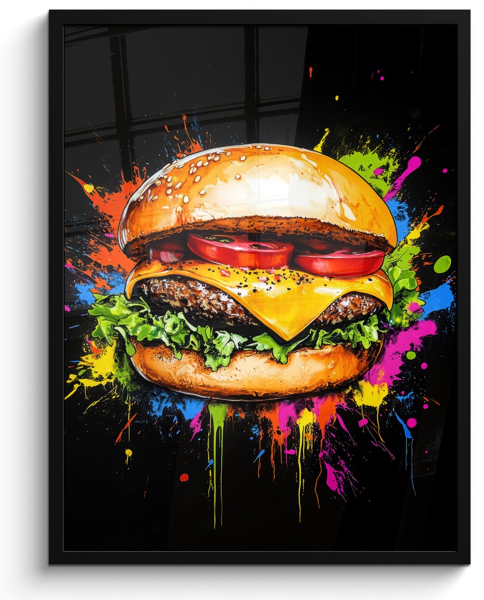 FrameYourWall Poster in lijst - Fotolijst 50x70 cm - Posters - Hamburger - Graffiti - Verf - Kleurrijk - Eten - Abstract - Posterlijst zwart - Decoratie - Wanddecoratie woonkamer - Muurdecoratie slaapkamer Graffiti - Hamburger