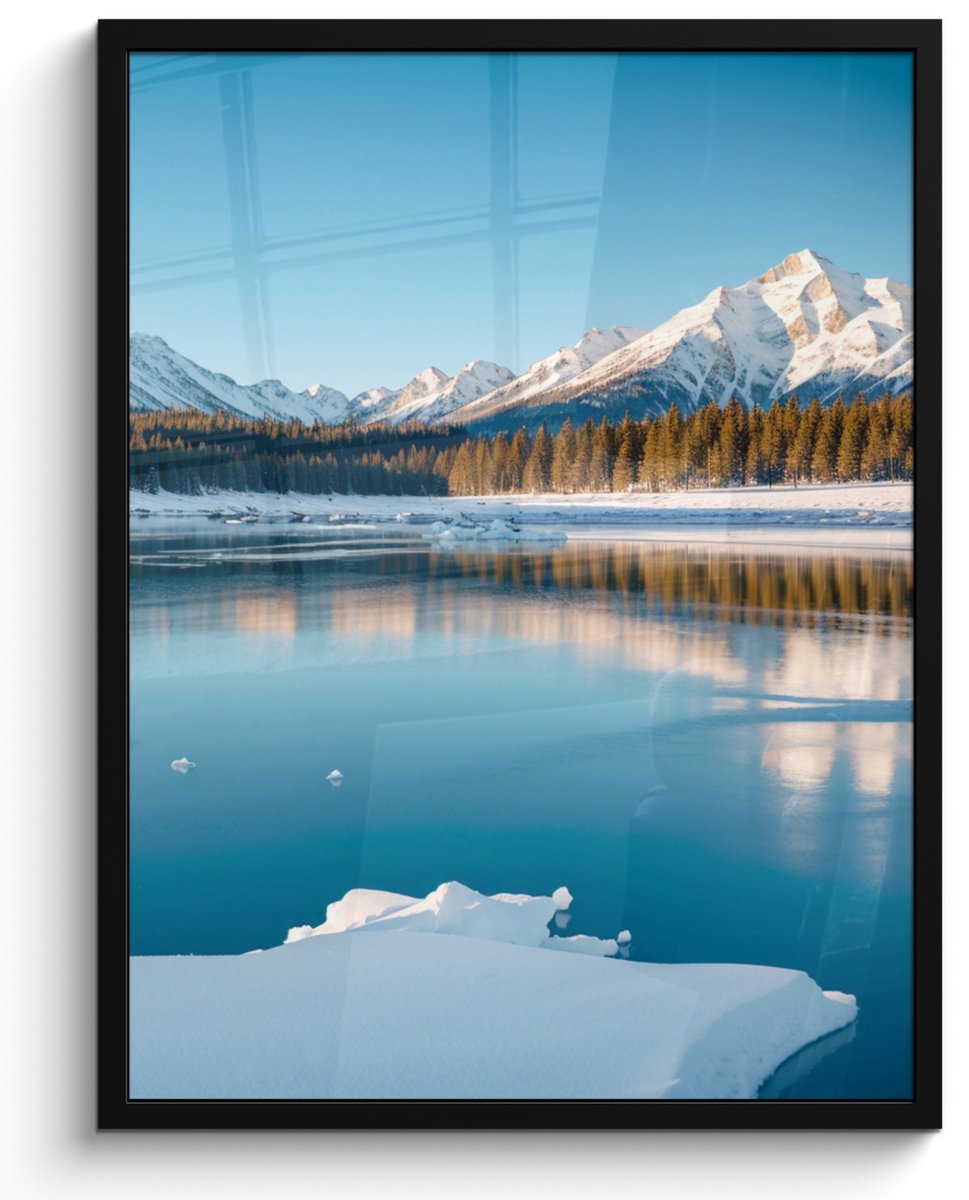 FrameYourWall Poster in lijst - Fotolijst 50x70 cm - Posters - Landschap - Winter - Meer - Bergen - Uitzicht - IJs - Posterlijst zwart - Decoratie - Wanddecoratie woonkamer - Muurdecoratie slaapkamer