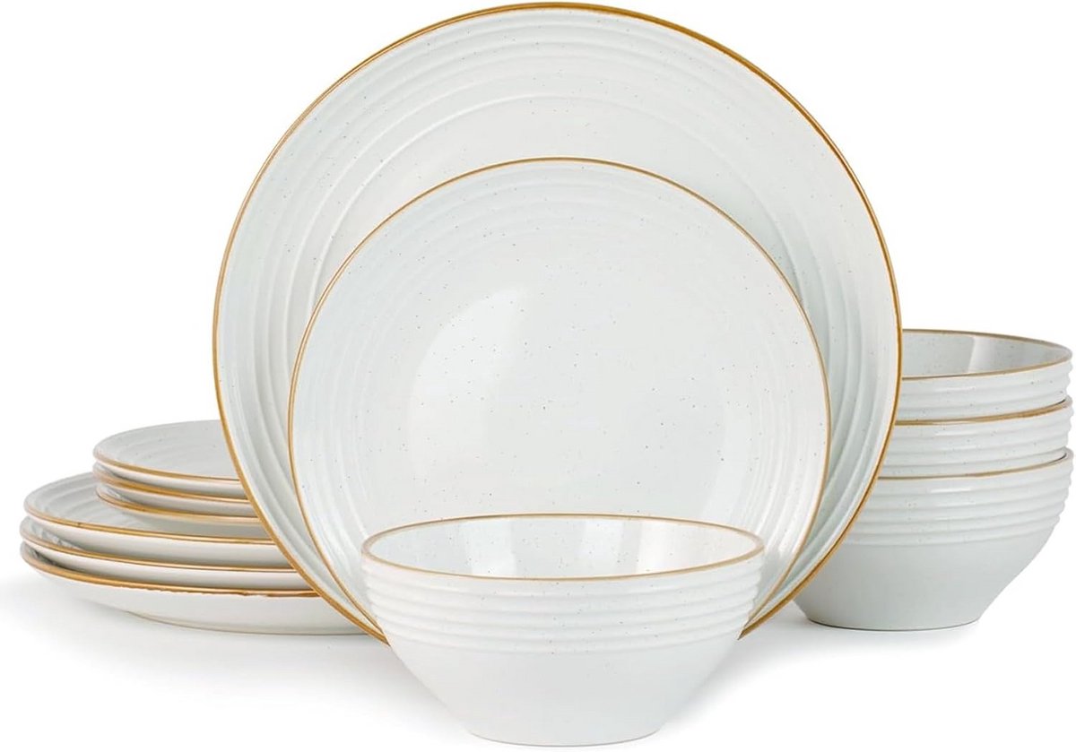 Servies set voor 4 personen - Steengoed met vlek- en ribpatroon - Krasvast en vaatwasmachinebestendig