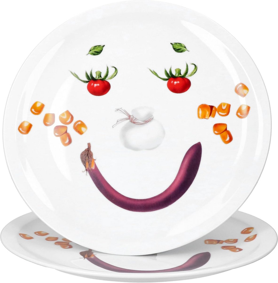 Set van 2 Grote Porseleinen Pizzaborden met Smiley Gezicht - Diameter 30,5 cm