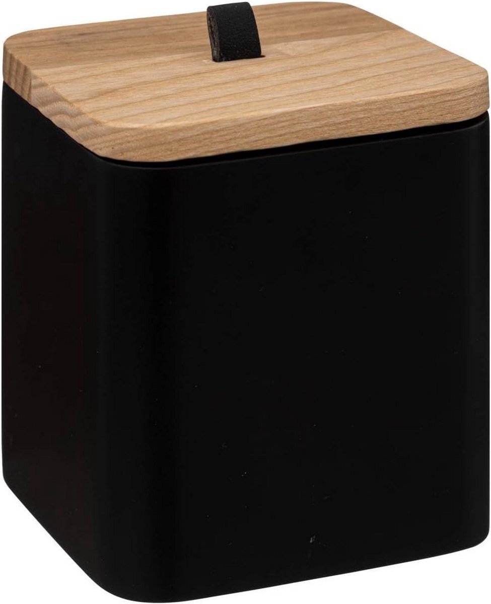 Zwarte polyresin pot met houten deksel, 9.1 cm - Matte afwerking voor katoenstaafjes