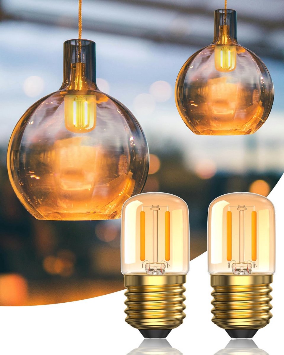 2x LED E27 Gloeilamp Amber Vintage 2W Vervangt 20W Warm Wit 2700K - Compact - Niet Dimbaar