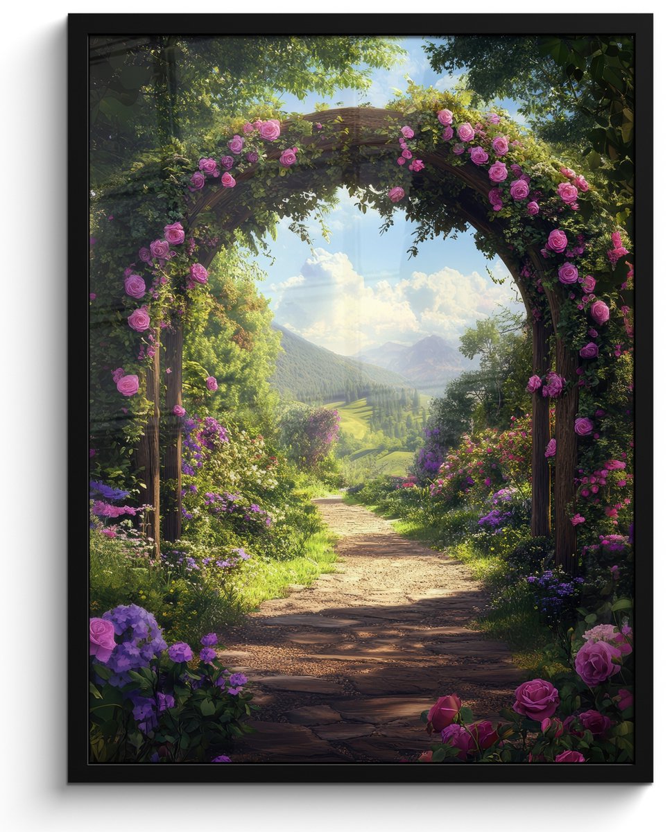 FrameYourWall Poster in lijst - Fotolijst 50x70 cm - Posters - Doorkijk - Rozenboog - Uitzicht - Landschap - Bloemen - Posterlijst zwart - Decoratie - Wanddecoratie woonkamer - Muurdecoratie slaapkamer Tuinboog - Bloemen