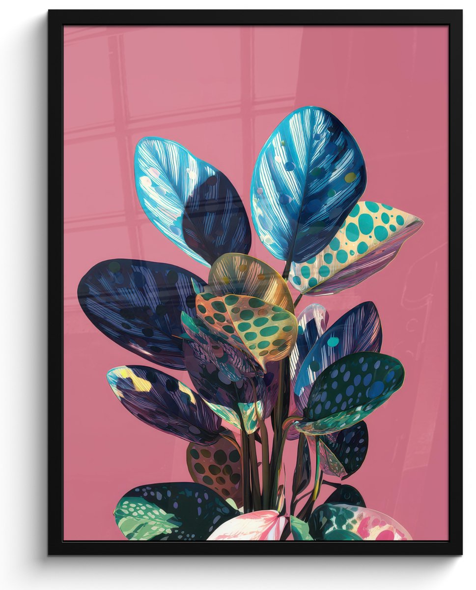 FrameYourWall Poster in lijst - Fotolijst 50x70 cm - Posters - Plant - Bladeren - Stippen - Abstract - Posterlijst zwart - Decoratie - Wanddecoratie woonkamer - Muurdecoratie slaapkamer