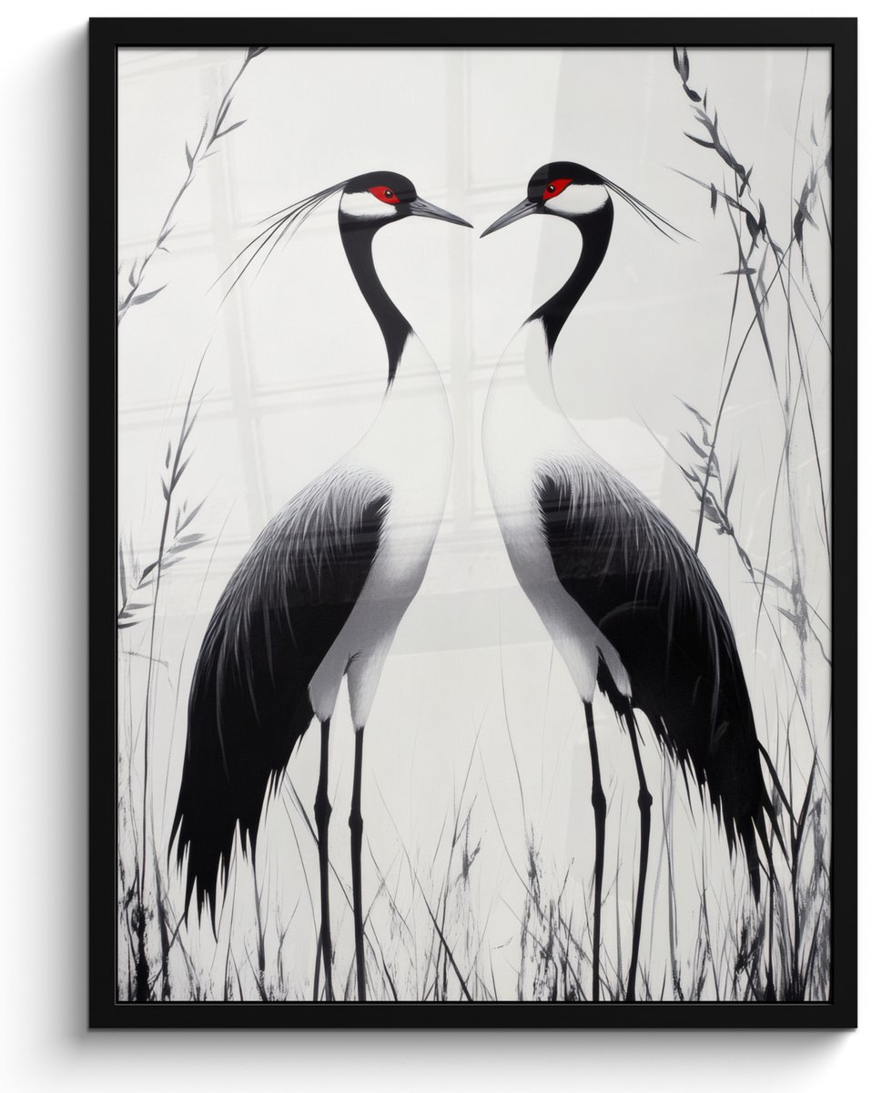FrameYourWall Poster in lijst - Fotolijst 50x70 cm - Posters - Kraanvogels - Gras - Hartvorm - Zwart - Posterlijst zwart - Decoratie - Wanddecoratie woonkamer - Muurdecoratie slaapkamer