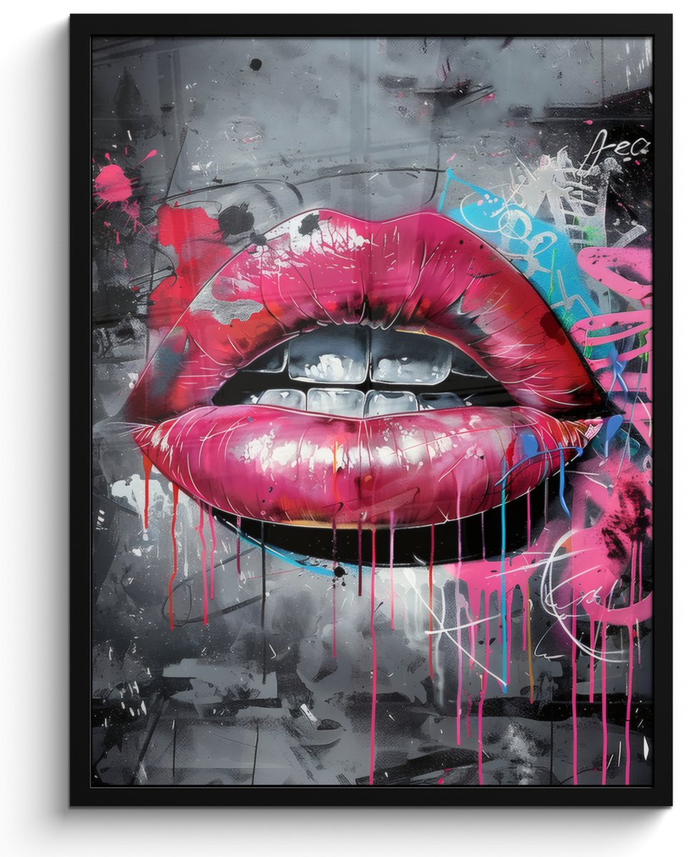 FrameYourWall Poster in lijst - Fotolijst 50x70 cm - Posters - Lippen - Felroze - Graffiti - Verfstrepen - Posterlijst zwart - Decoratie - Wanddecoratie woonkamer - Muurdecoratie slaapkamer Lippen - Graffiti