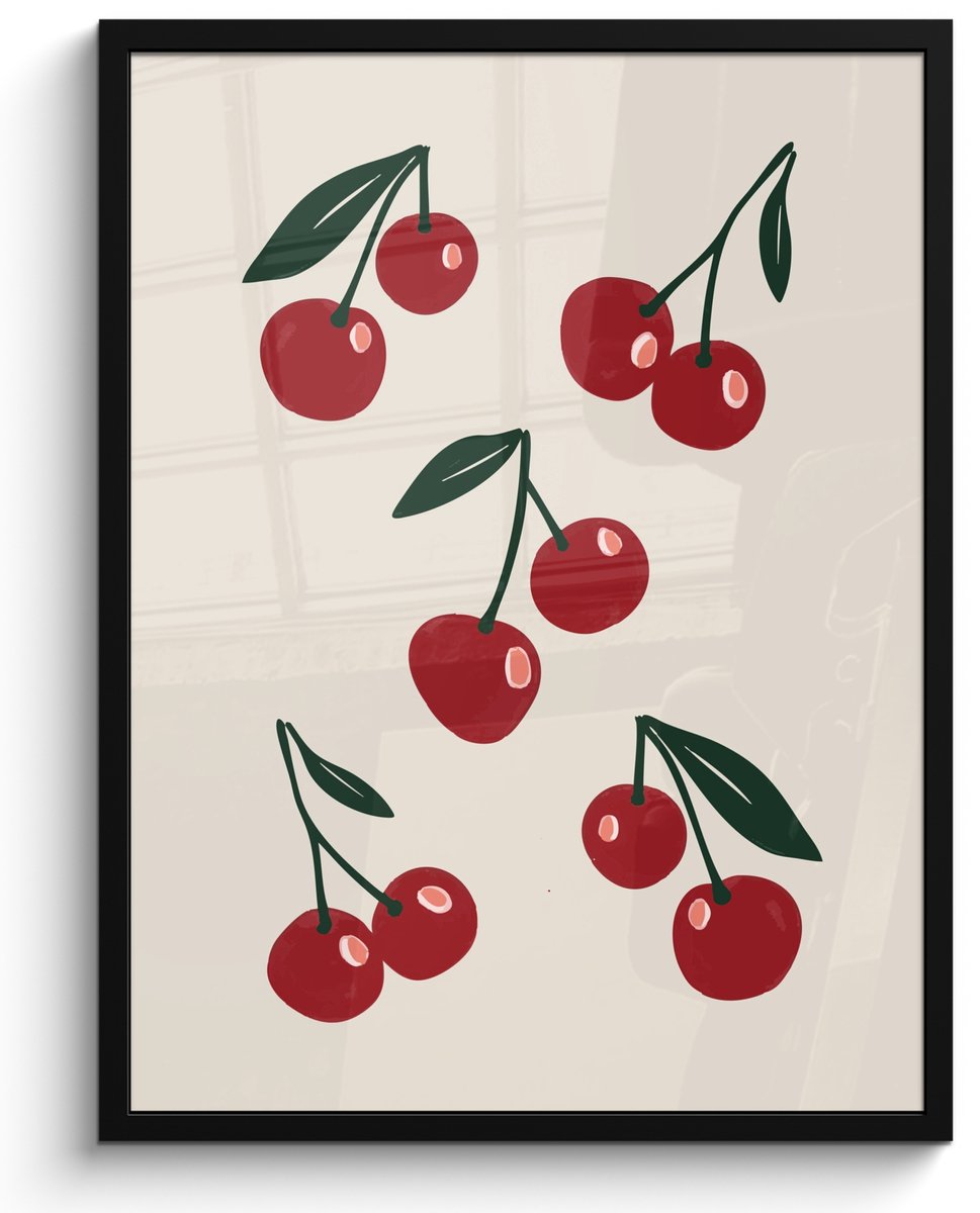 FrameYourWall Fotolijst inclusief poster - Posterlijst 50x70 cm - Posters - Kersen - Blaadjes - Rood - Foto in lijst - Keuken decoratie muur - Wanddecoratie accessoires - Muurdecoratie - Schilderijen