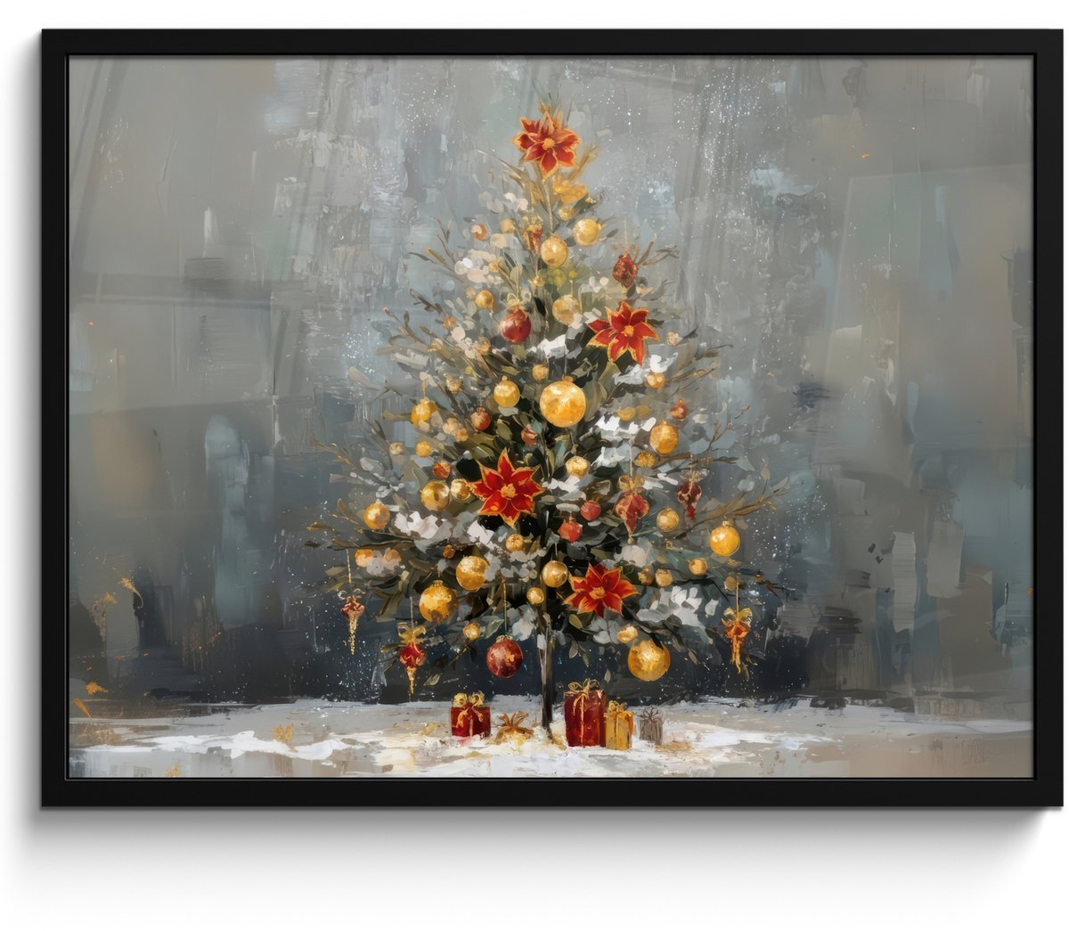 FrameYourWall Poster in lijst - Fotolijst 70x50 cm - Posters - Kerstboom - Cadeaus - Rood - Goud - Posterlijst zwart - Decoratie - Wanddecoratie woonkamer - Muurdecoratie slaapkamer - Kerstversiering - Kerstdecoratie voor binnen - Kerstmis
