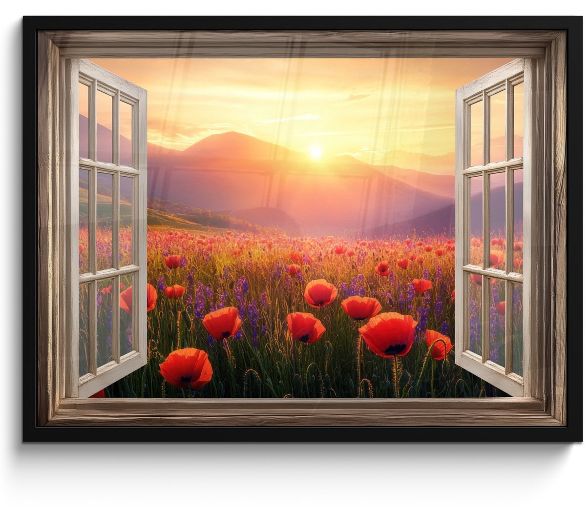 FrameYourWall Poster in lijst - Fotolijst 70x50 cm - Posters - Doorkijk - Klaprozen - Bloemen - Rood - Open raam - Posterlijst zwart - Decoratie - Wanddecoratie woonkamer - Muurdecoratie slaapkamer