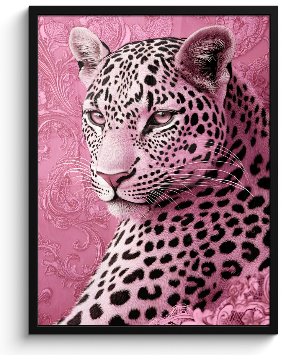 FrameYourWall Poster in lijst - Fotolijst 50x70 cm - Posters - Panter - Luxe - Roze - Posterlijst zwart - Decoratie - Wanddecoratie woonkamer - Muurdecoratie slaapkamer