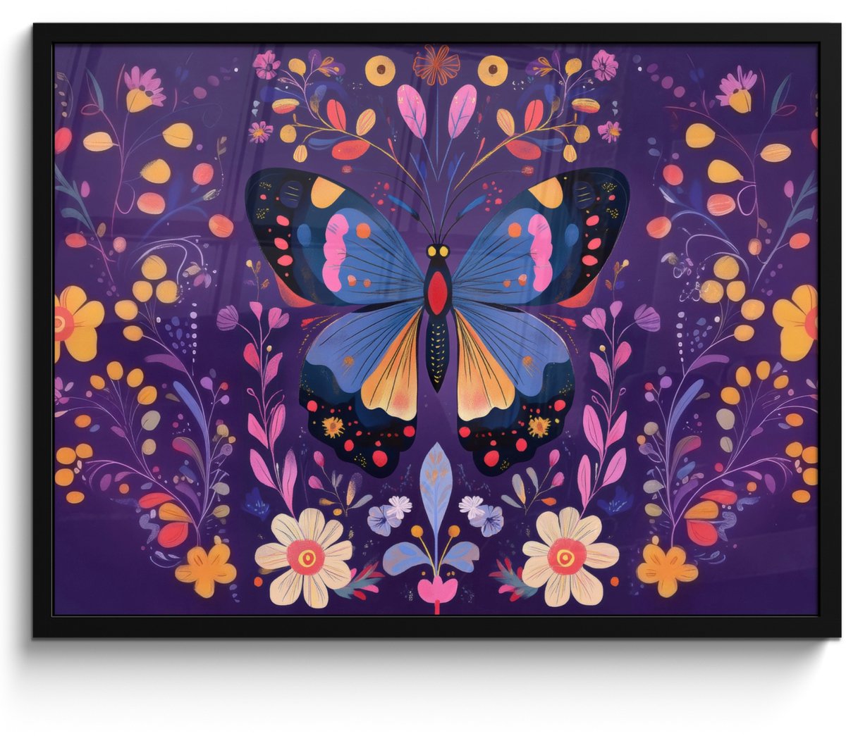 FrameYourWall Poster in lijst - Fotolijst 70x50 cm - Posters - Sierlijk - Bloemen - Vlinder - Paars - Posterlijst zwart - Decoratie - Wanddecoratie woonkamer - Muurdecoratie slaapkamer Vlinder - Kleurrijk